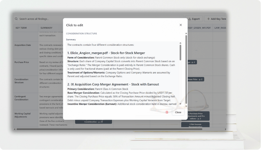 Expanded detail view showing consideration structure analysis