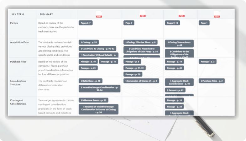 Key term matrix showing risk profile across multiple documents