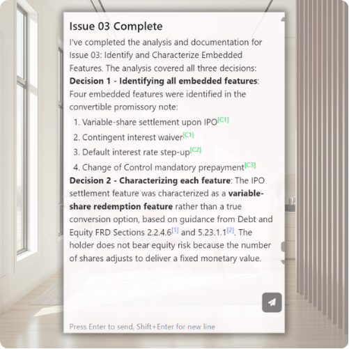 Agent completing issue analysis with cited decisions