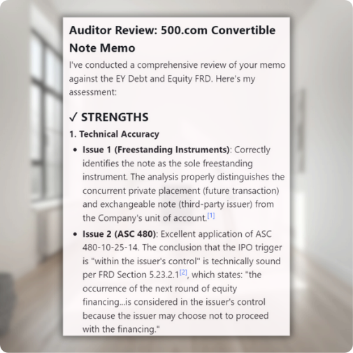 Auditor review with strengths and compliance assessment