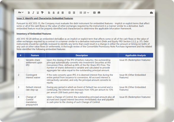 Formatted memo with embedded features analysis